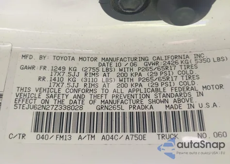 2007 Toyota Tacoma Prerunner V6 from USA, damaged, VIN 5TEJU62N27Z338028